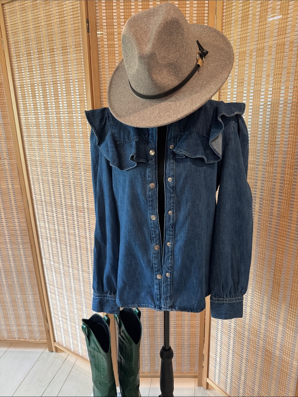 Zara Indigo Ruffle-Shoulder Denim Button-Down Shirt